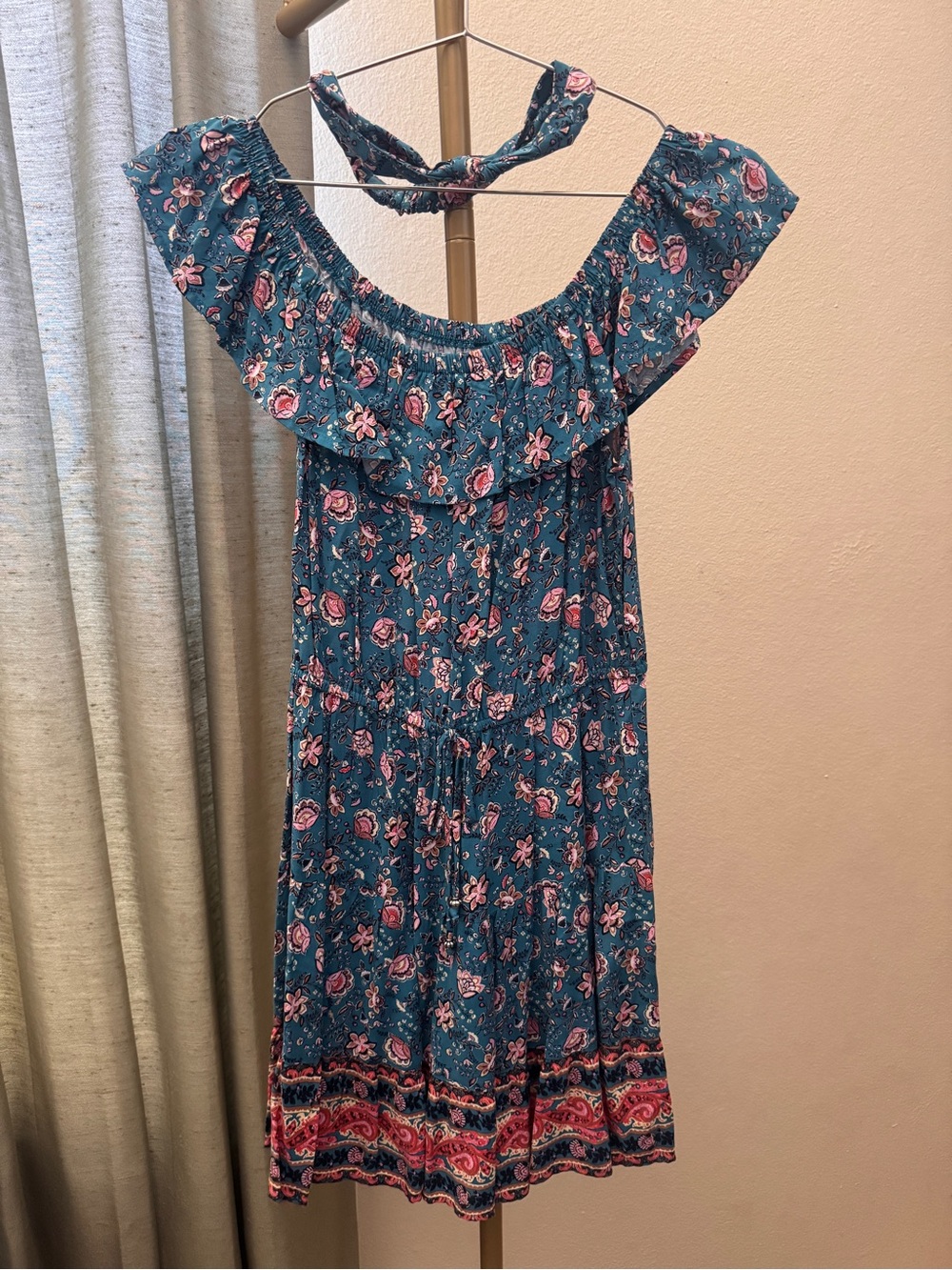 BeBop Teal Floral Off-Shoulder Dress with Pink Accents